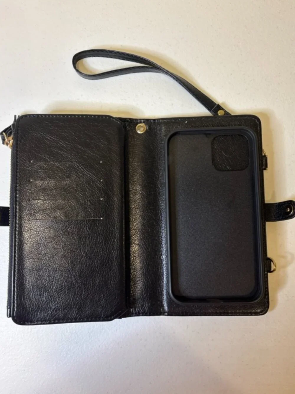 Black Embossed Leather Wallet With‎ Phone Holder 12 Credit Card Slots Wrist
